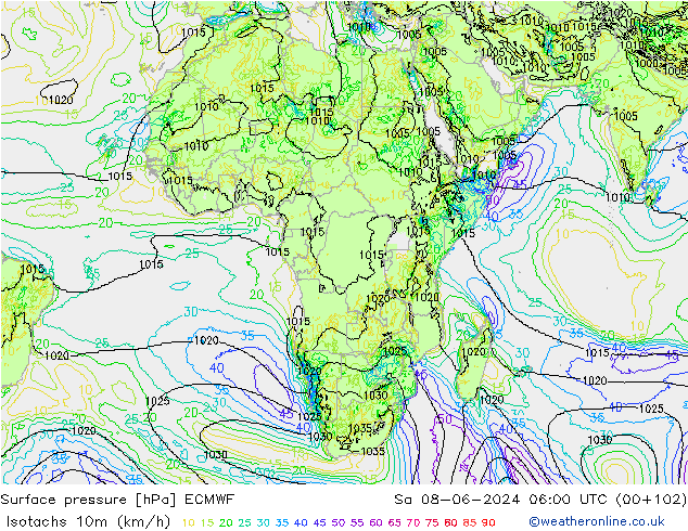 Isotaca (kph) ECMWF sáb 08.06.2024 06 UTC