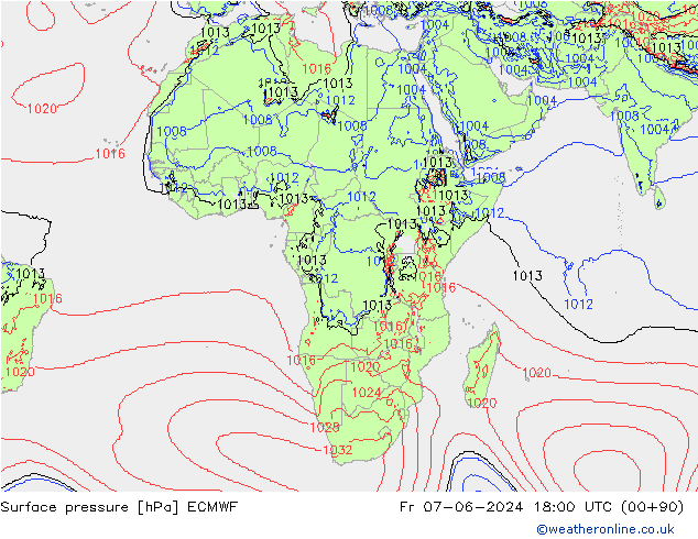 Presión superficial ECMWF vie 07.06.2024 18 UTC