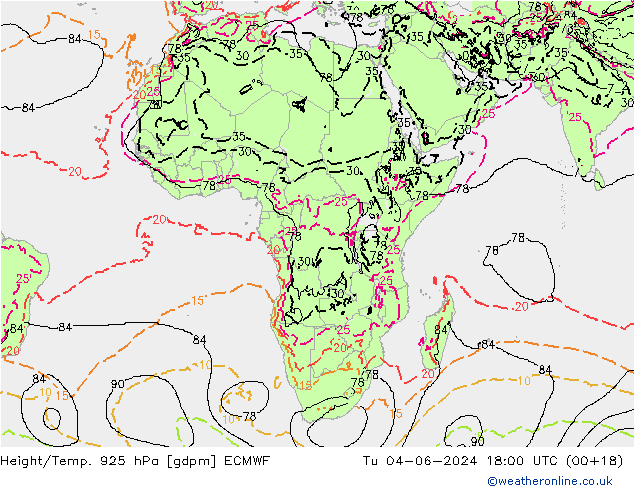 Yükseklik/Sıc. 925 hPa ECMWF Sa 04.06.2024 18 UTC