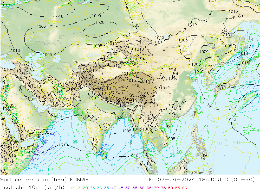 Isotachs (kph) ECMWF Sex 07.06.2024 18 UTC