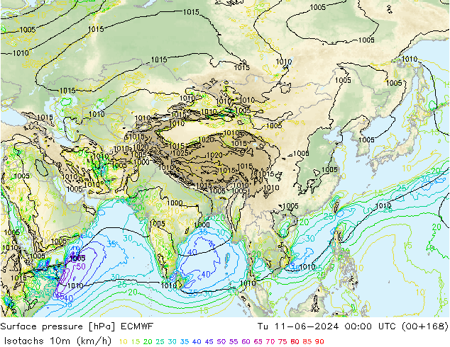 Isotachs (kph) ECMWF вт 11.06.2024 00 UTC