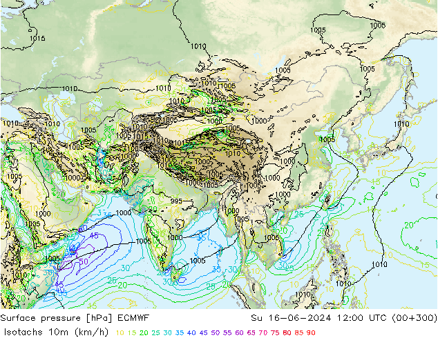 Isotachs (kph) ECMWF Su 16.06.2024 12 UTC