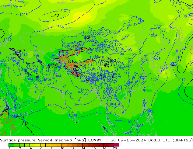 Surface pressure Spread ECMWF Su 09.06.2024 06 UTC