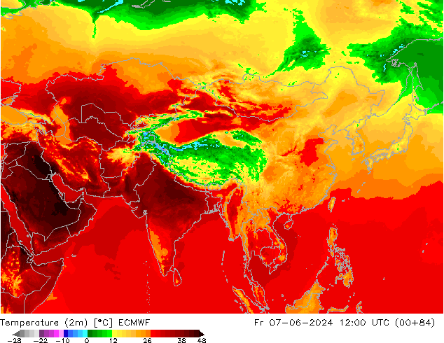 Temperature (2m) ECMWF Pá 07.06.2024 12 UTC