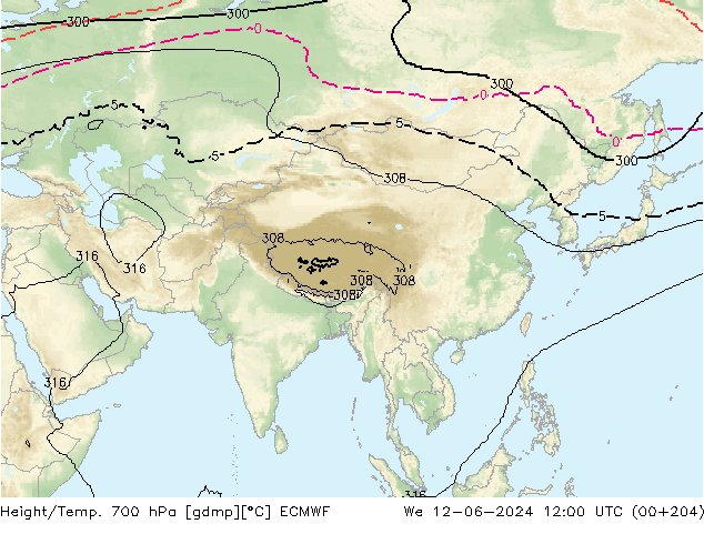 Height/Temp. 700 гПа ECMWF ср 12.06.2024 12 UTC