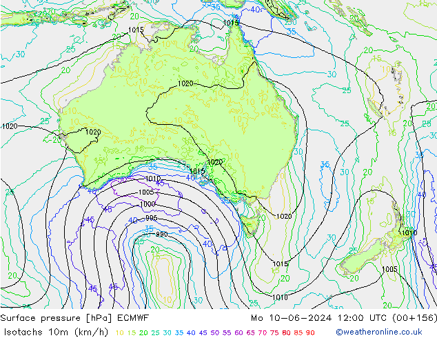 Isotachs (kph) ECMWF Seg 10.06.2024 12 UTC