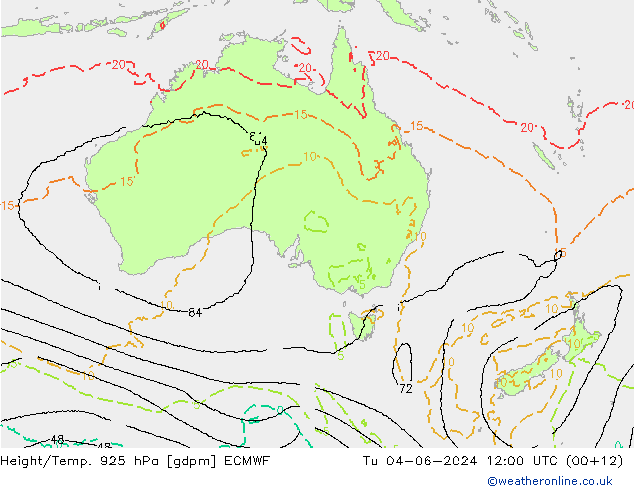 Height/Temp. 925 hPa ECMWF Tu 04.06.2024 12 UTC