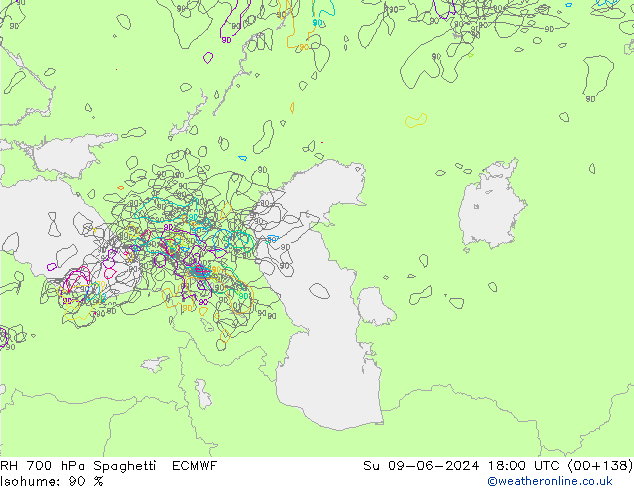 RH 700 hPa Spaghetti ECMWF  09.06.2024 18 UTC