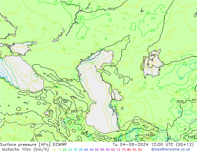 Isotachs (kph) ECMWF вт 04.06.2024 12 UTC