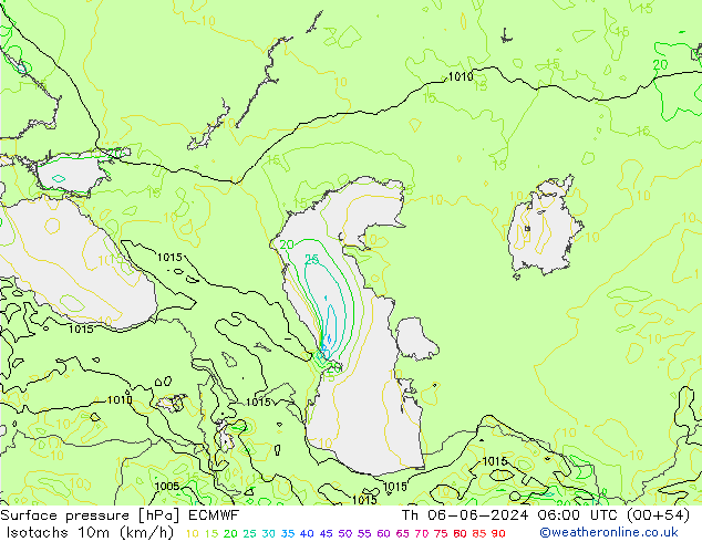 Isotachen (km/h) ECMWF do 06.06.2024 06 UTC