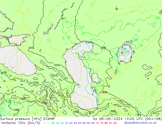 Isotaca (kph) ECMWF sáb 08.06.2024 12 UTC