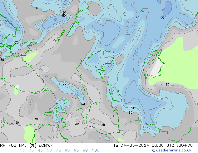 Humidité rel. 700 hPa ECMWF mar 04.06.2024 06 UTC