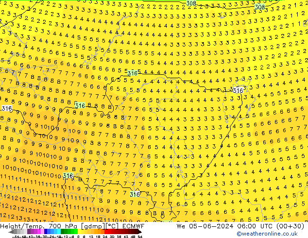 Hoogte/Temp. 700 hPa ECMWF wo 05.06.2024 06 UTC