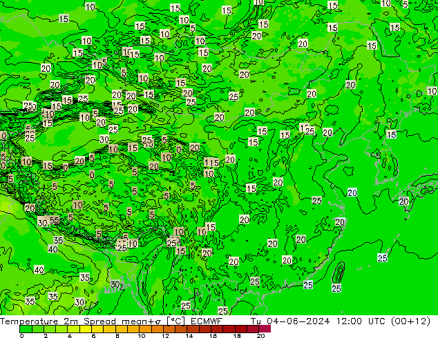 Temperatura 2m Spread ECMWF mar 04.06.2024 12 UTC