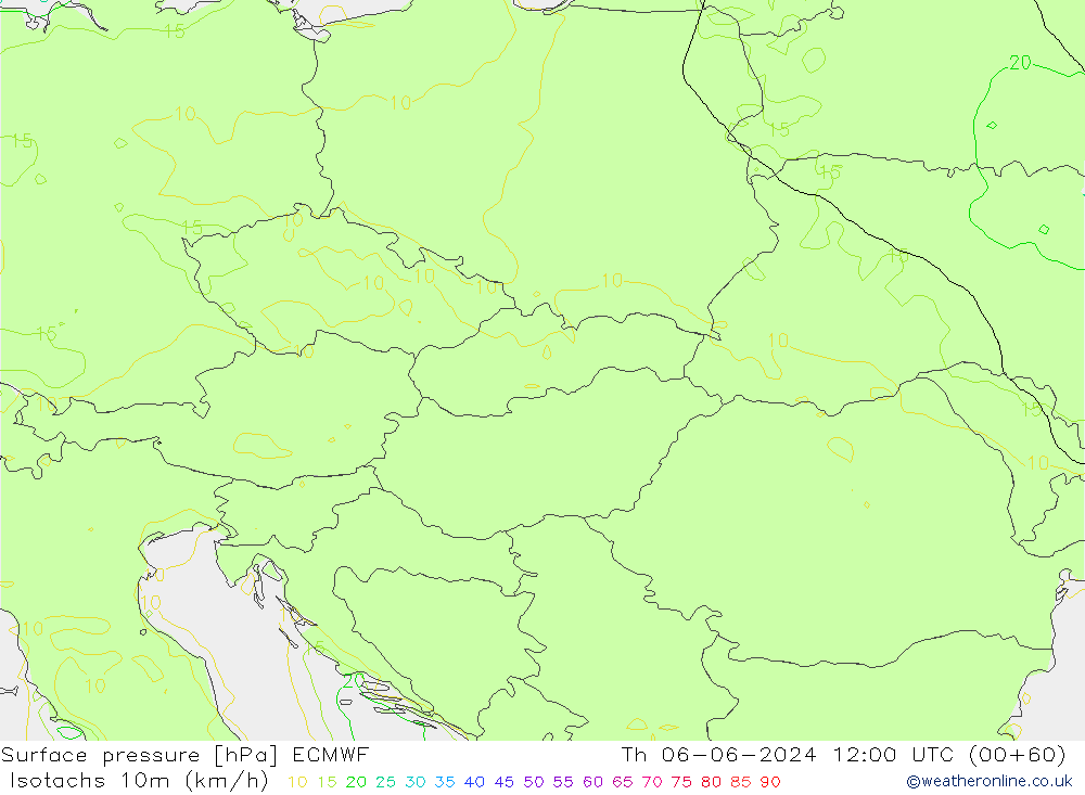 Isotachs (kph) ECMWF Qui 06.06.2024 12 UTC