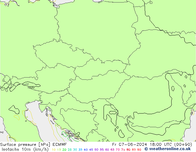 Izotacha (km/godz) ECMWF pt. 07.06.2024 18 UTC