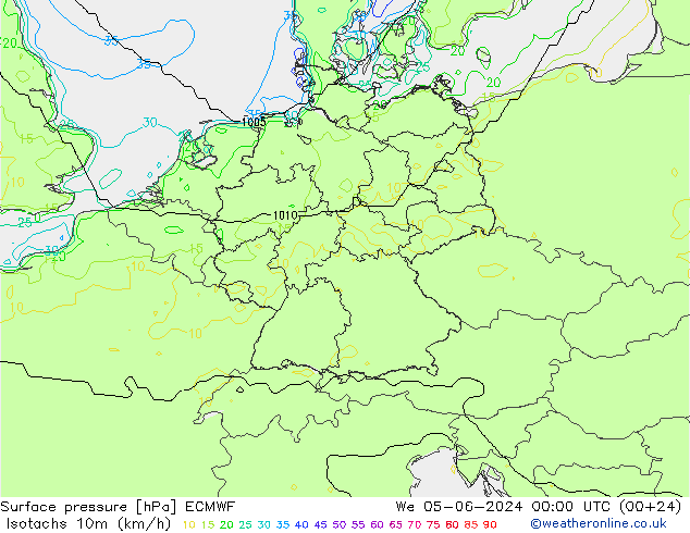 Izotacha (km/godz) ECMWF śro. 05.06.2024 00 UTC