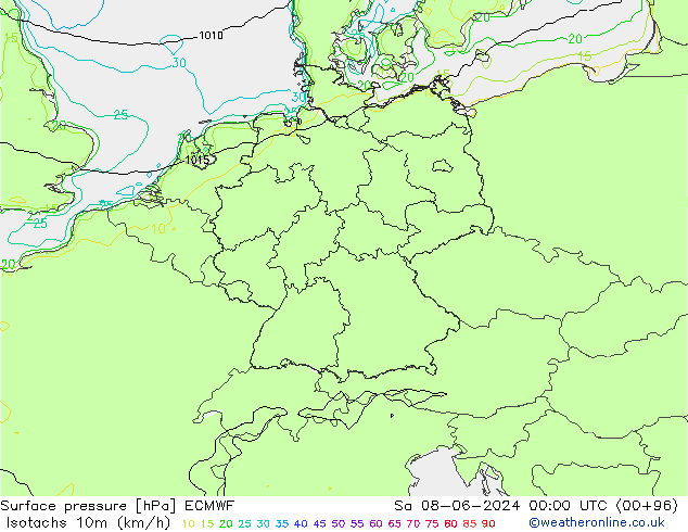 Isotachs (kph) ECMWF сб 08.06.2024 00 UTC