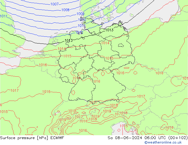 Surface pressure ECMWF Sa 08.06.2024 06 UTC