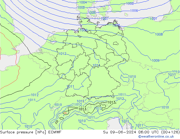 Atmosférický tlak ECMWF Ne 09.06.2024 06 UTC