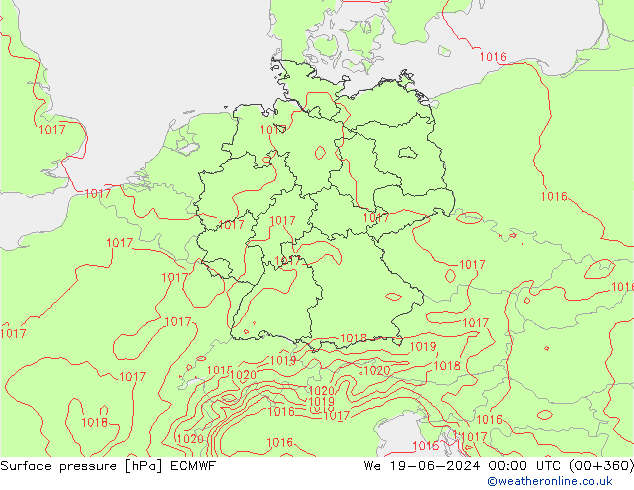 Luchtdruk (Grond) ECMWF wo 19.06.2024 00 UTC