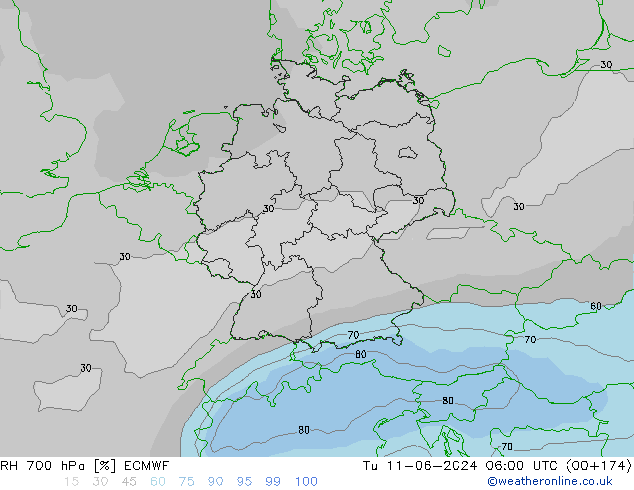 RH 700 hPa ECMWF  11.06.2024 06 UTC