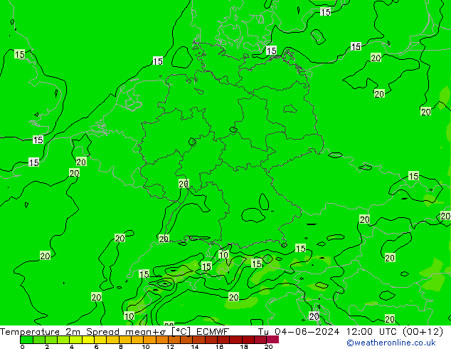 Sıcaklık Haritası 2m Spread ECMWF Sa 04.06.2024 12 UTC