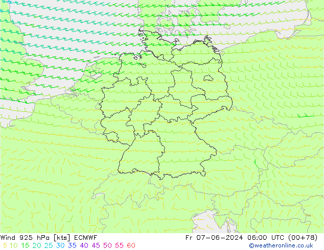 wiatr 925 hPa ECMWF pt. 07.06.2024 06 UTC