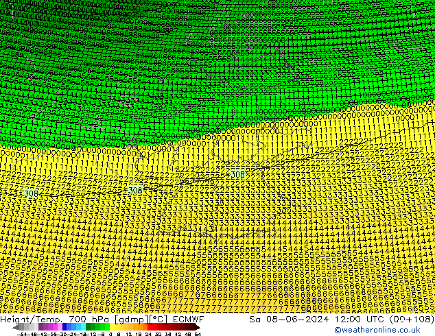 Height/Temp. 700 hPa ECMWF sab 08.06.2024 12 UTC