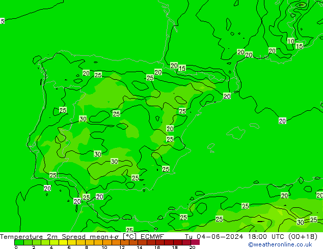 Sıcaklık Haritası 2m Spread ECMWF Sa 04.06.2024 18 UTC