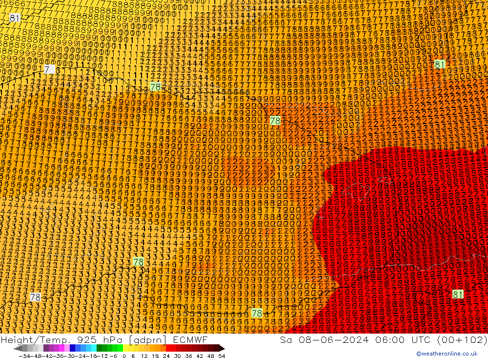 Hoogte/Temp. 925 hPa ECMWF za 08.06.2024 06 UTC