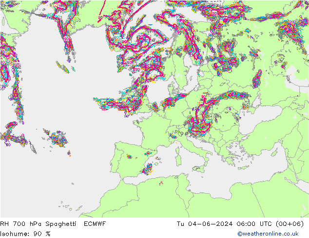 RH 700 hPa Spaghetti ECMWF Tu 04.06.2024 06 UTC