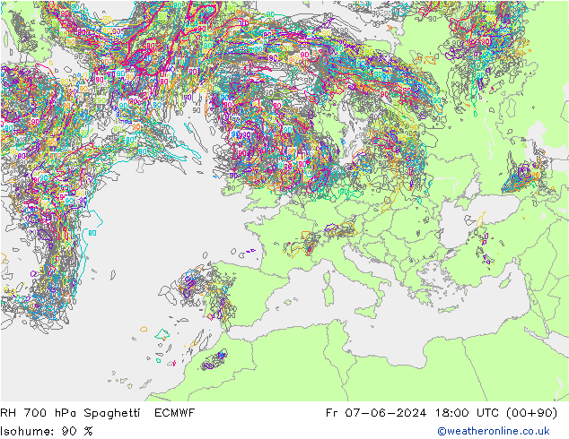 RH 700 hPa Spaghetti ECMWF Fr 07.06.2024 18 UTC