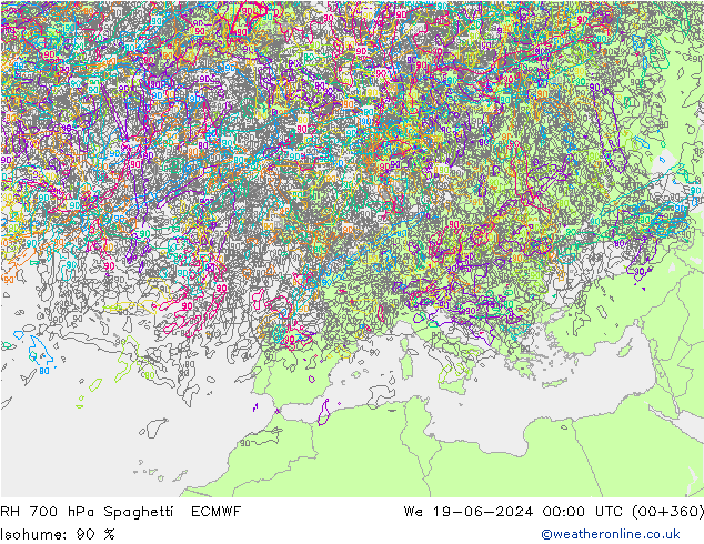 RH 700 hPa Spaghetti ECMWF śro. 19.06.2024 00 UTC