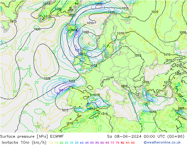 Isotachs (kph) ECMWF Sa 08.06.2024 00 UTC