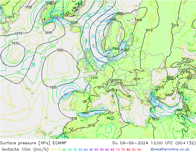 Isotaca (kph) ECMWF dom 09.06.2024 12 UTC