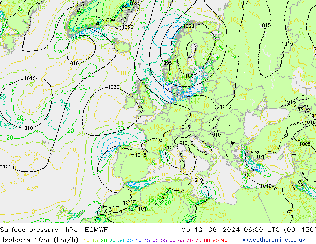 Isotaca (kph) ECMWF lun 10.06.2024 06 UTC