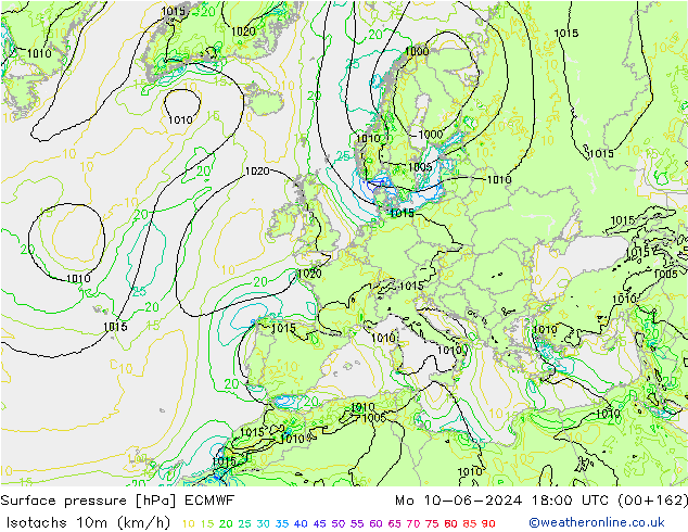 Isotachs (kph) ECMWF Seg 10.06.2024 18 UTC