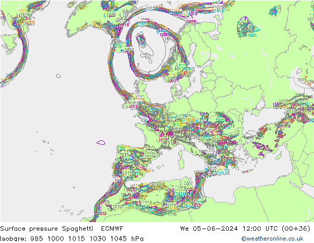 Surface pressure Spaghetti ECMWF We 05.06.2024 12 UTC