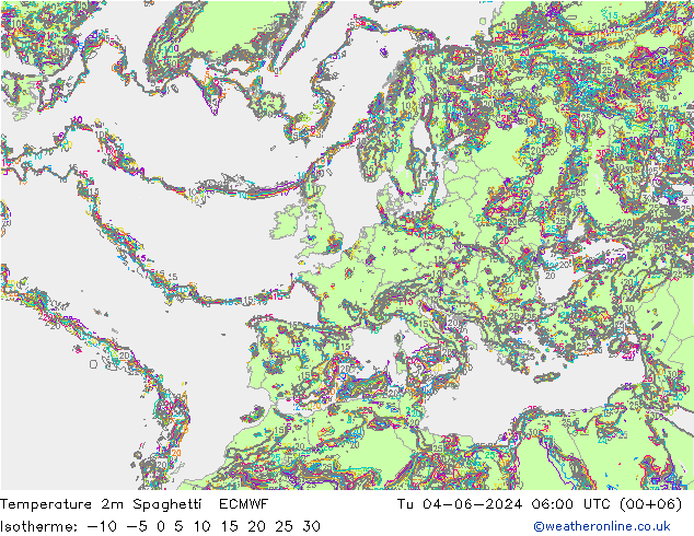 Temperature 2m Spaghetti ECMWF Tu 04.06.2024 06 UTC