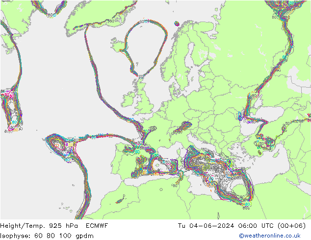 Géop./Temp. 925 hPa ECMWF mar 04.06.2024 06 UTC