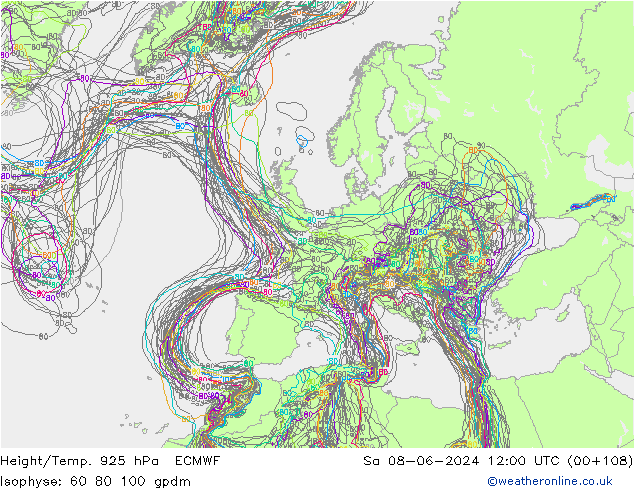 Height/Temp. 925 hPa ECMWF Sáb 08.06.2024 12 UTC