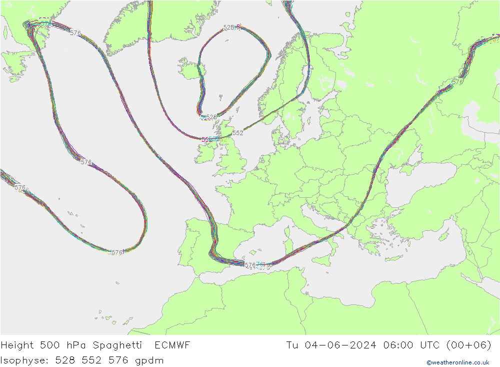 Height 500 hPa Spaghetti ECMWF 星期二 04.06.2024 06 UTC