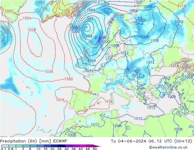 Totale neerslag (6h) ECMWF di 04.06.2024 12 UTC