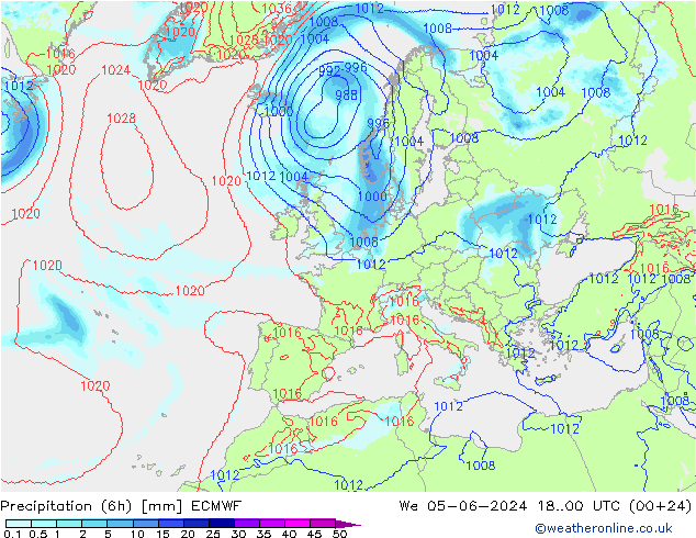 Totale neerslag (6h) ECMWF wo 05.06.2024 00 UTC