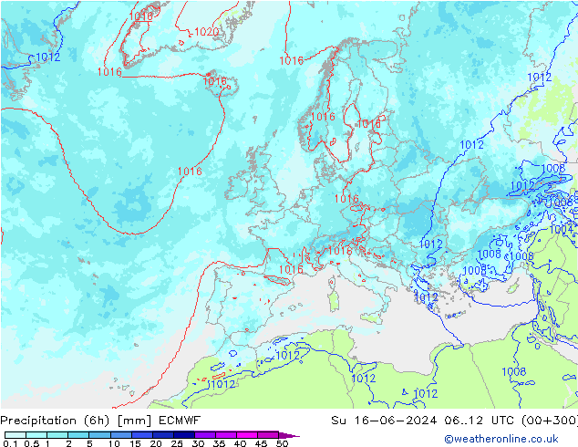 Totale neerslag (6h) ECMWF zo 16.06.2024 12 UTC