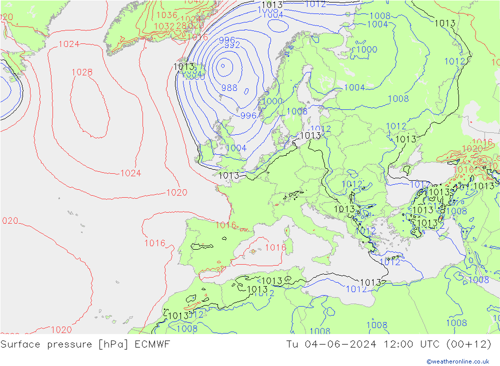 Surface pressure ECMWF Tu 04.06.2024 12 UTC