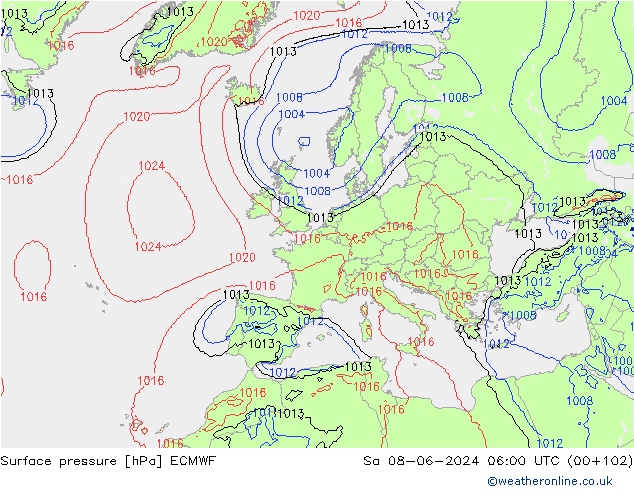 Pressione al suolo ECMWF sab 08.06.2024 06 UTC