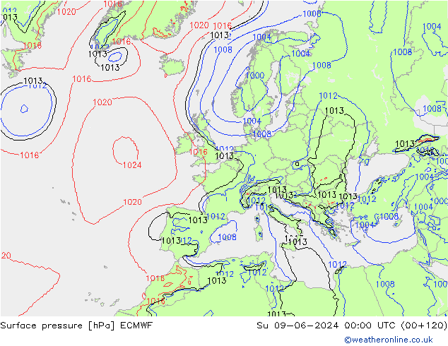 Luchtdruk (Grond) ECMWF zo 09.06.2024 00 UTC