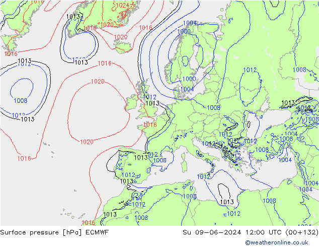 Presión superficial ECMWF dom 09.06.2024 12 UTC